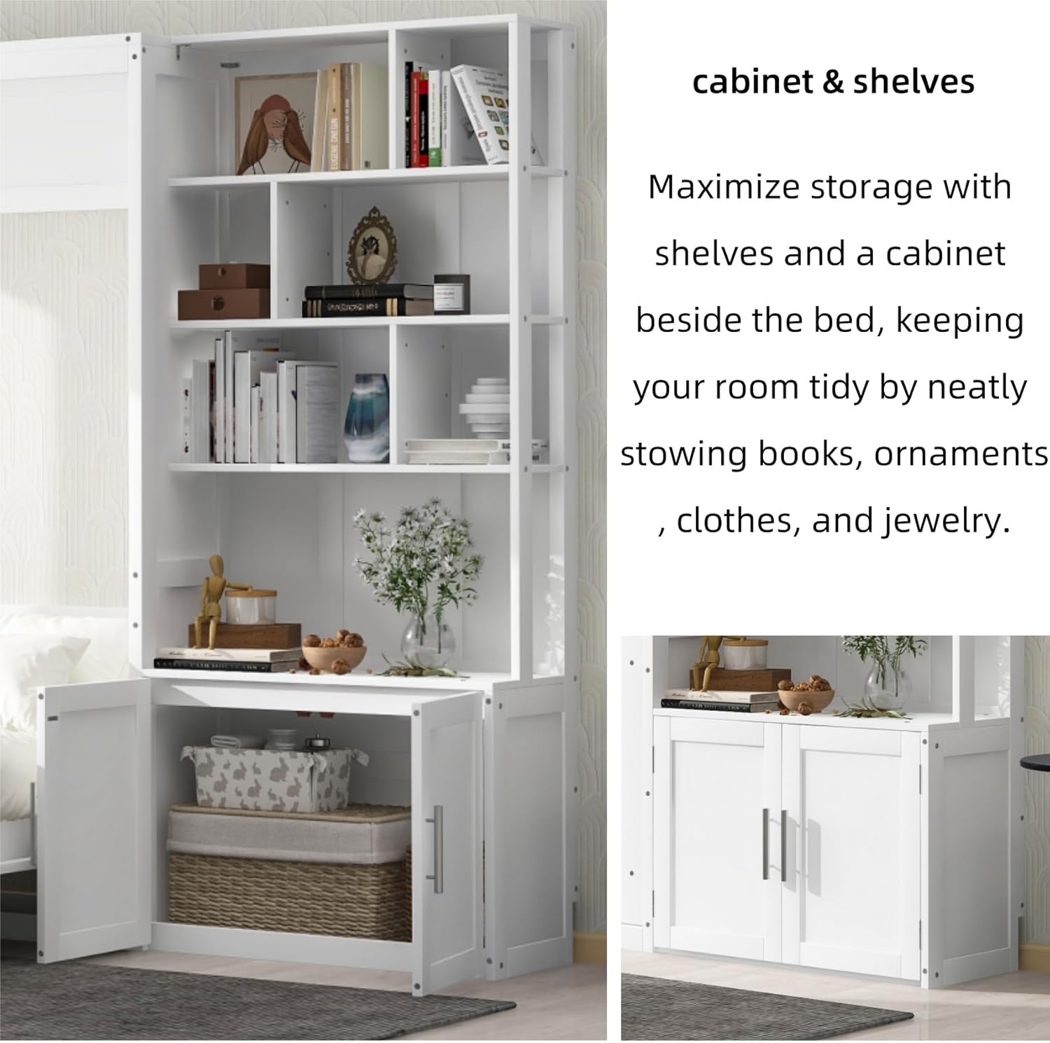 Merax Full Size Murphy Bed Cabinet with Multiple Storage Shelves, Wood Foldable Hidden Wall Platform Bedframe Chest for Home, Bedroom, Office, Small Room, Apartment, white