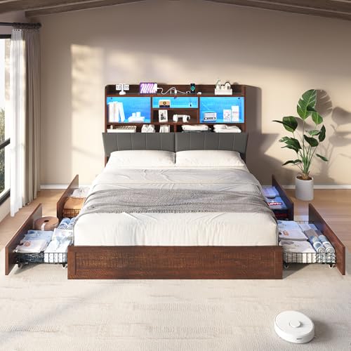 Full Farmhouse Bed Frame with Bookcase Headboard and 4 Drawers, LED Storage Bed with Charging Station & Linen Upholstered, No Box Spring Needed, Black