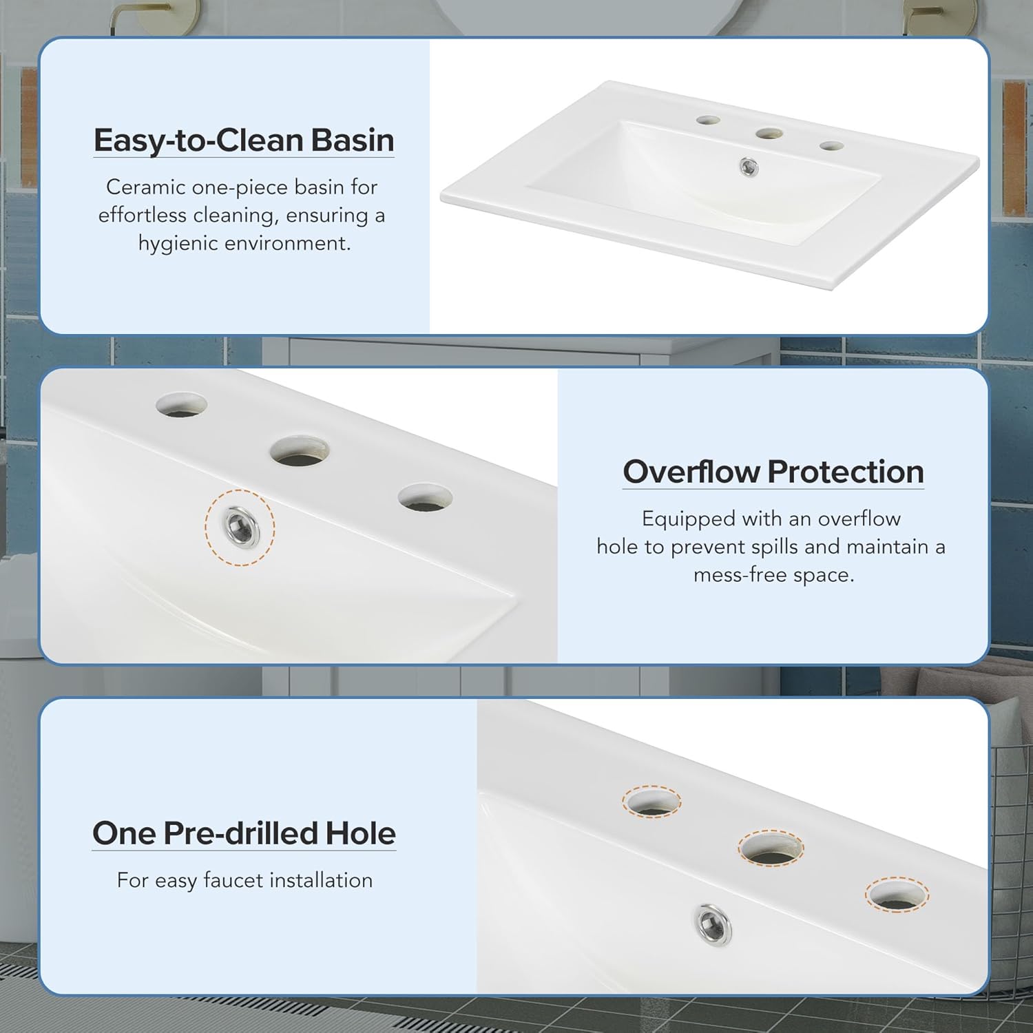 Harper & Bright Designs 24" Bathroom Vanity with Sink, Free Standing Single Basin Vanity Set with 2 Soft-Close Doors and Drawer, Modern Wooden Bathroom Cabinet with Ceramic Basin for Bathroom, White
