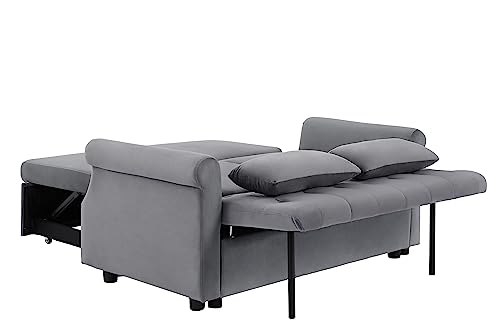 55" Button Tufted Upholstered Nailhead Decor Futon Loveseat Daybed Convertible Sleep Sofabed,3 in1 Reclining Backrest Love Seat w/Pull Out Sleeper Couch Bed Sofas, Gray Velvet 2 Pillows