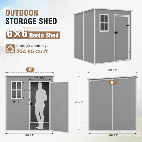 Outdoor Storage Shed, 6x6 FT Resin Shed with Floor and Lockable Door, Window, Vents, Tool Sheds and Outdoor Storage for Bike, Garden Accessories, Tools, Waterproof (Grey & White)