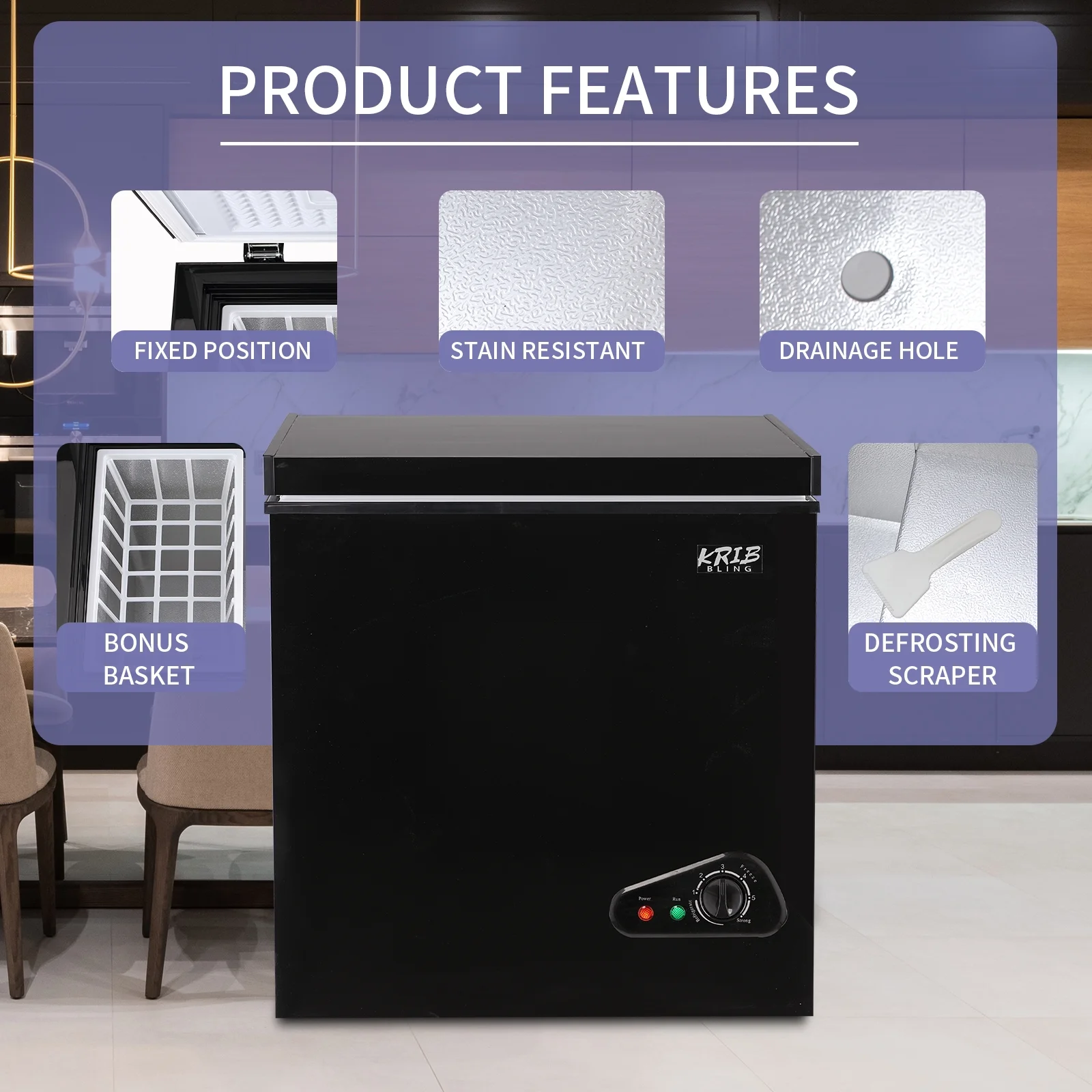 KRIB BLING Deep Freezer with Removable Basket, 5.0 Cu.ft Chest Freezer with 3 Grade Thermostat, Ideal for Basement, Office, Black