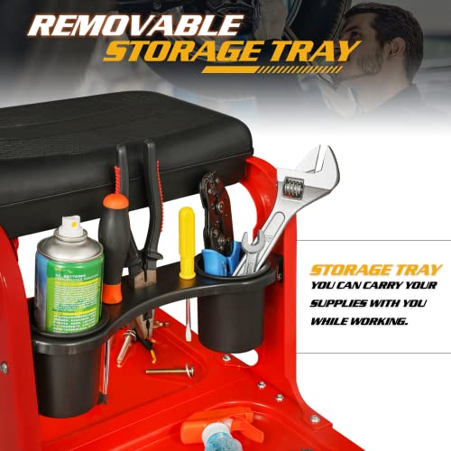Magshion Garage Mechanic Creeper Seat with Tool Tray/Rack and Can Holder, Durable Mechanics Stool on Wheels 350 lbs Capacity Rolling Creeper Garage/Shop Seat, Black