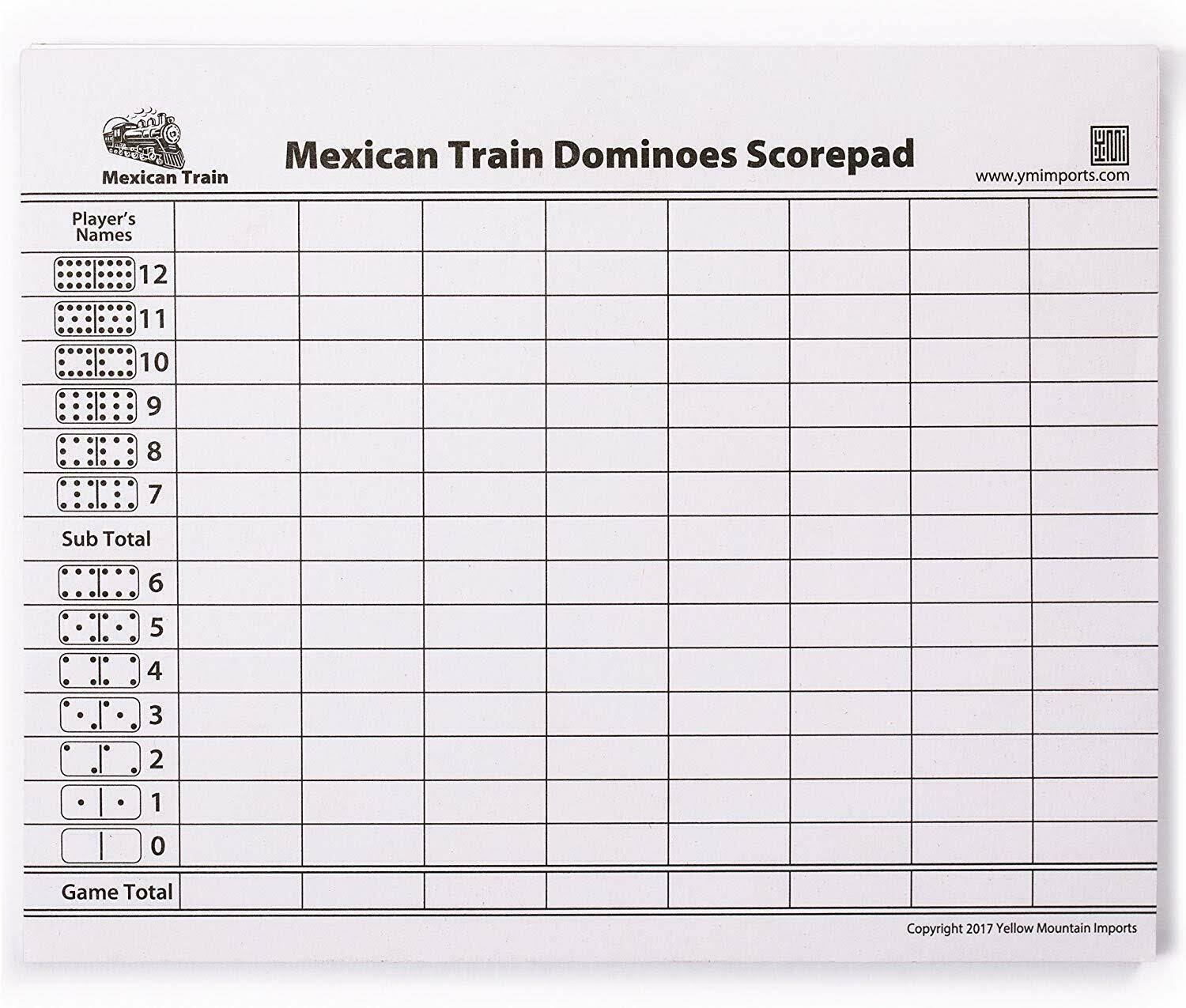 Yellow Mountain Imports - Complete Mexican Train Dominoes Set with Double 12 Dominoes Featuring Numerals, Wooden Hub, Train Mark