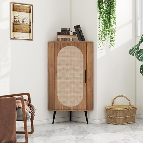 Boho Corner Storage Cabinet,Freestanding Bookcase with Rattan Doors & Adjustable Shelves, Corner Shelf Stand for Living Room, Bathroom, Bedroom,Natural