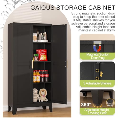 75.2" Tall Metal Pantry Cabinet, Storage Cabinets with 4 Door and 4 Adjustable Shelves, Black Kitchen Pantry Storage Cabinet, Freestanding Cupboard for Kitchen Dining Room Living Room Bathroom