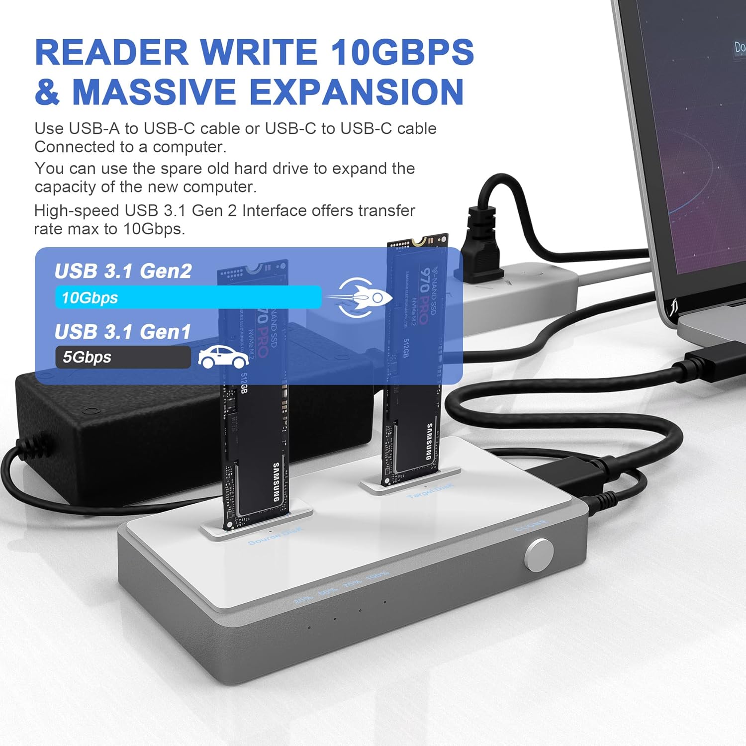 M.2 NVMe Cloner Duplicator, USB C 3.1 Gen 2 10Gbps Dual-Bay M.2 NVMe Docking Station for M.2 NVMe SSDs, Support Offline Clone Function and Tool-Free Installation(Support Up to 8TB)