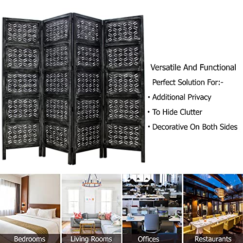 Room Divider Wood Screen - Ghanti Bells Antique Brown - 4 Panel Folding 72 x 80 - Assembled Hand Carved Decorative Functional Versatile Portable Partition Reversible Privacy Boho - COTTON CRAFT