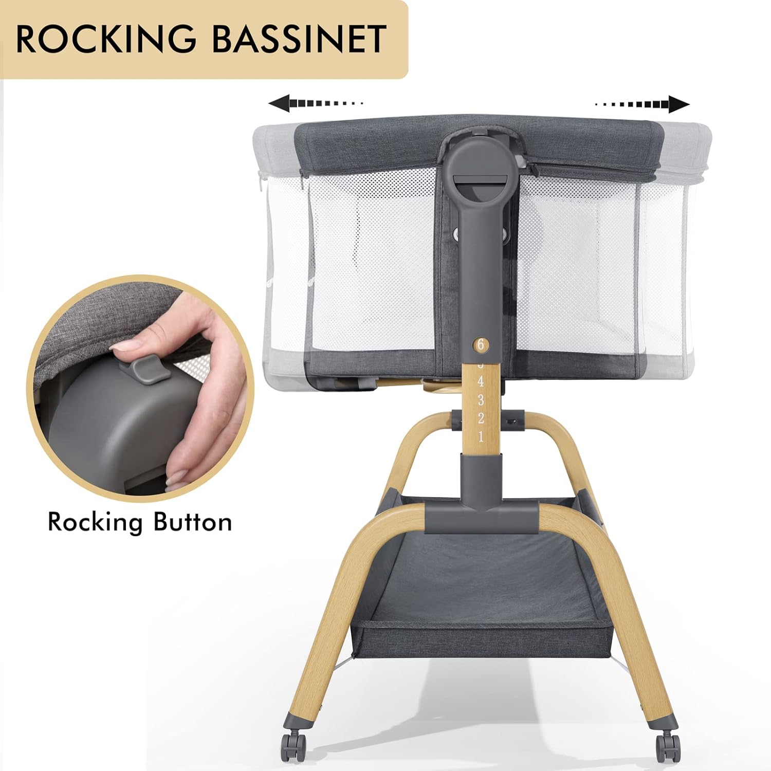 3 in 1 Baby Bassinet, Bedside Bassinet for Baby, Rocking bassinet with Storage Basket and Wheels, Adjustable Height Bassinet Bedside Sleeper, Easy Folding Portable Crib for Newborn