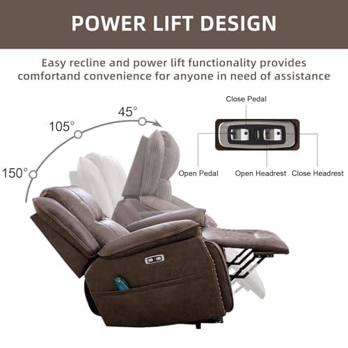Phoenix Home Dual Motor Power Lift Chair for Elderly, Lift Chairs with Massage and Heat, Leather Electric Chairs for Adults, Recliner Chair with USB, 2 Concealed Cup Holders, Brown