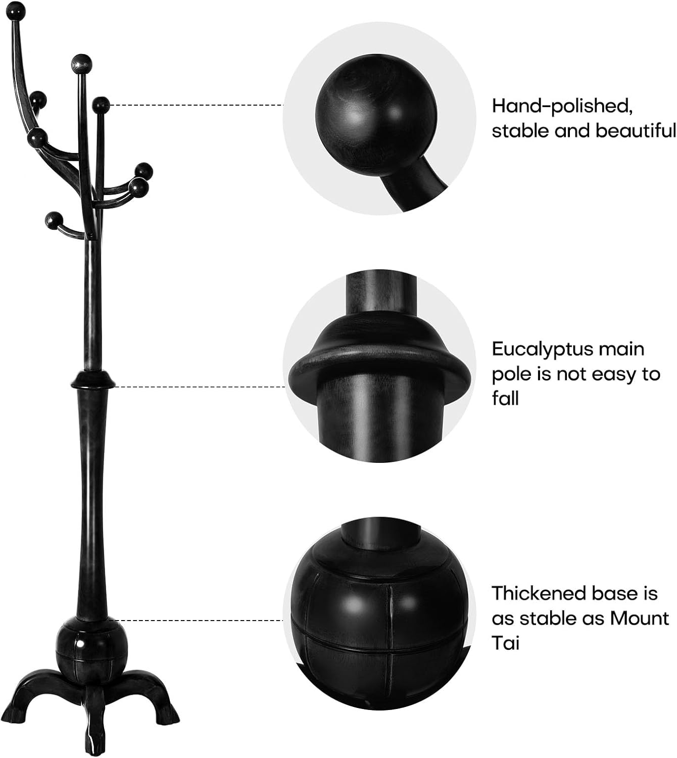 Heavy Duty Coat Rack Freestanding Wood Tree Rack with 8 Hooks, Unique Design Tree Branch-look, Premium Coat Tree Clothes Hanger Stand with Sphere Base for Entryway, Hallway, Bedroom-Load 160lbs Black