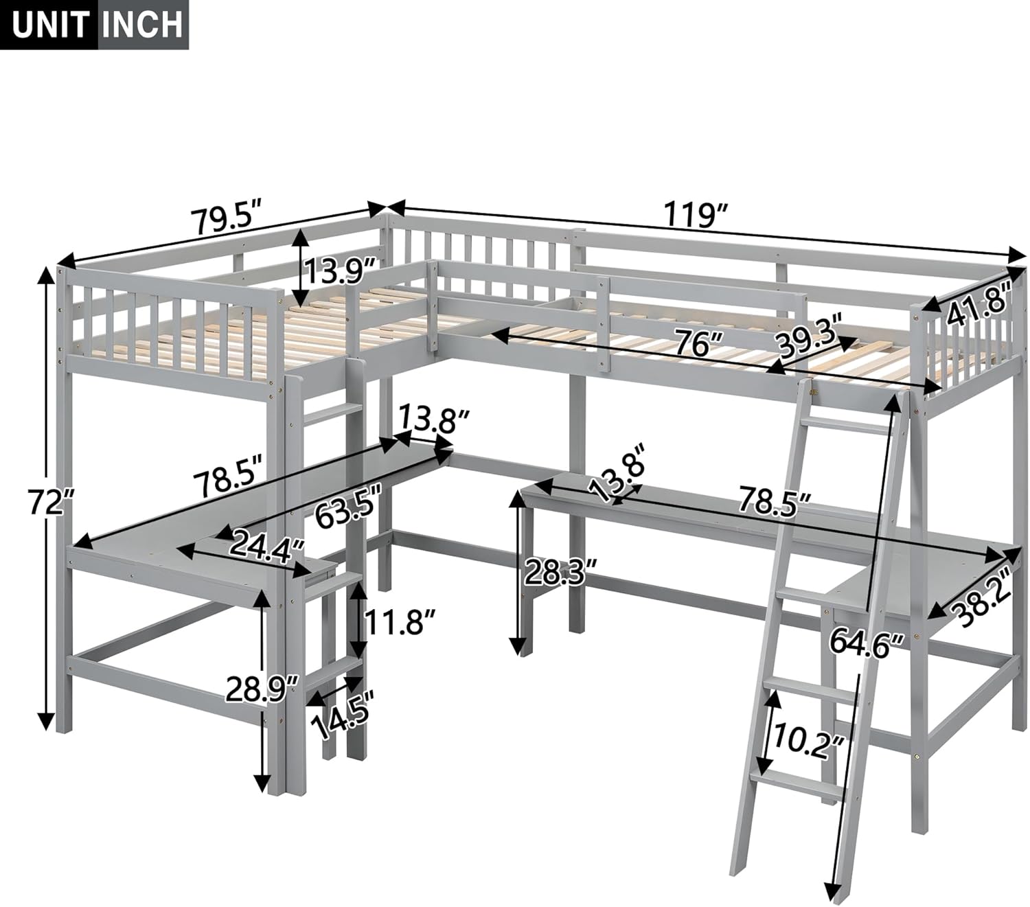 L-Shaped Double Twin Size Loft Beds for 2, Wooden Double High Loft Bed Frame with 2 Built-in Desks and Ladder for Kids, Teens, Adults, Gray