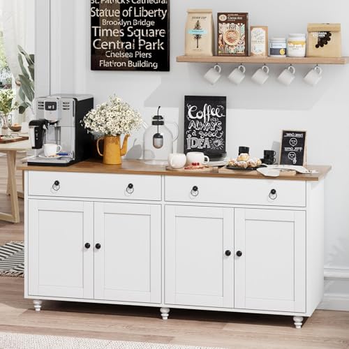 4 EVER WINNER Buffet Cabinet with Storage, 55" Sideboard Buffet Cabinet with 2 Drawers and 4 Doors, Modern Farmhouse Coffee Bar Cabinets, Wood Buffet Table for Kitchen, Dining Room, White