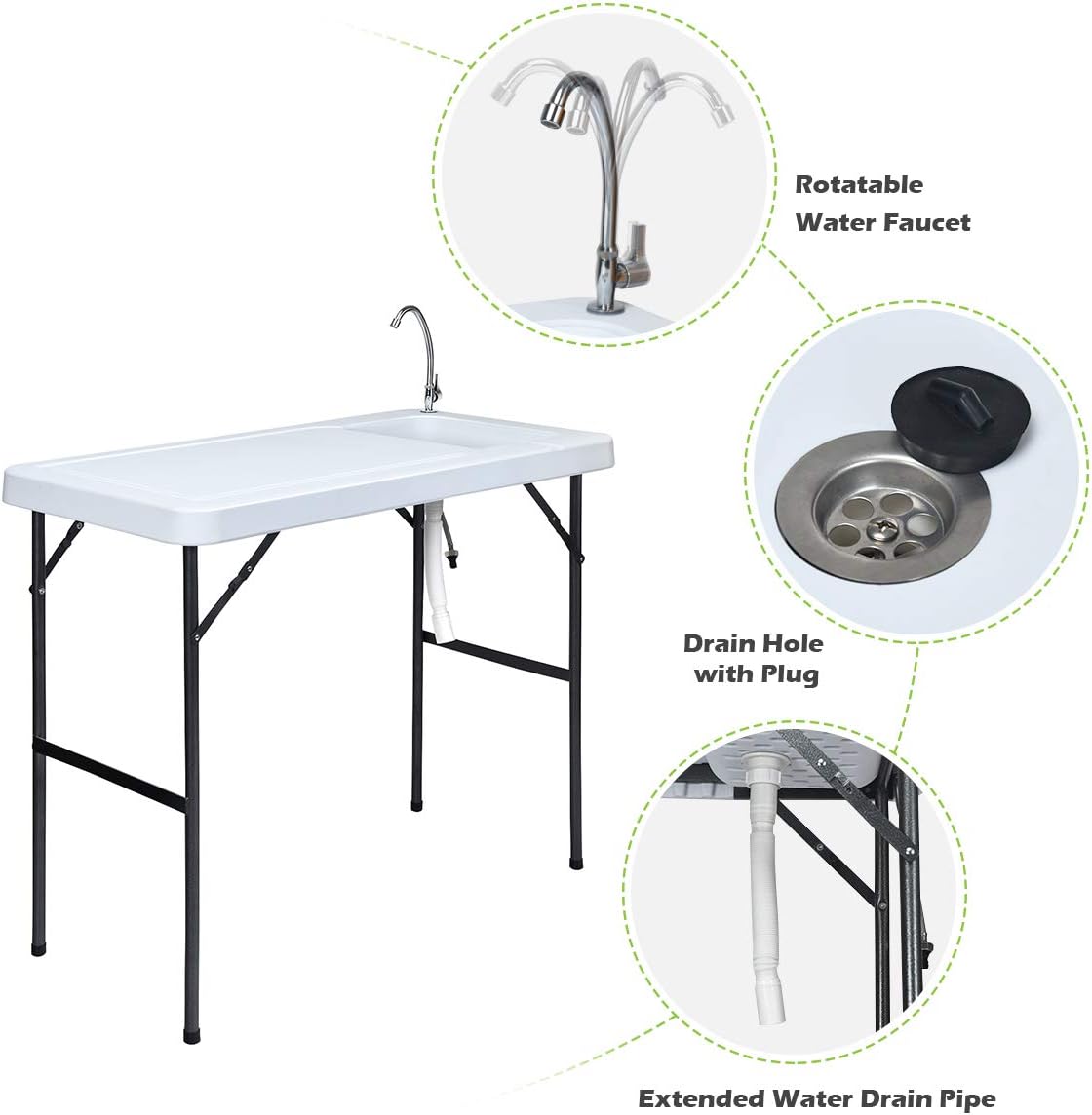 Giantex Folding Fish Cleaning Table, Camping Table with Sink and Faucet, Picnic Table with Drain Hose, Outdoor Cutting Table, Portable Fish Table, 45x 23.6x 37.4