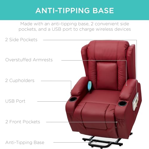 Best Choice Products PU Leather Electric Power Lift Chair, Recliner Massage Chair, Adjustable Furniture for Back, Legs w/ 3 Positions, USB Port, Heat, Cupholders, Easy-to-Reach Side Button - Brown
