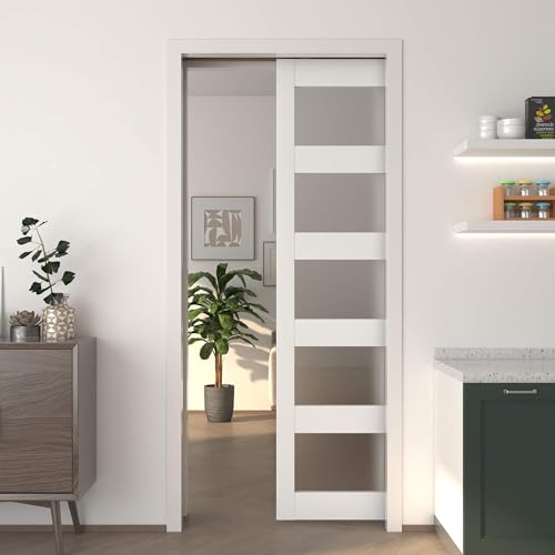JUBEST Pocket Door 36"x80", 5-Panel Tempered Frosted Glass Sliding Pocket Door with Soft Close Pocket Door Frame Kit, Water-Proof PVC Surface, Assembly Needed, White