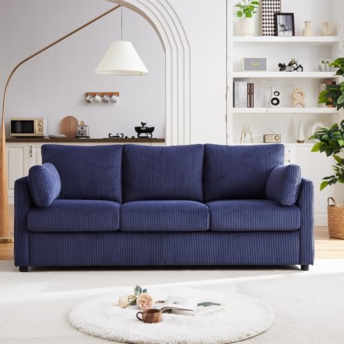 Modern Corduroy Couch 79 Inch Length,3 Seater Sofa w/Square arm and Side Pockets for Living Room, Bedroom, Apartment, Office,Workroom,and Compact Space (Beige)