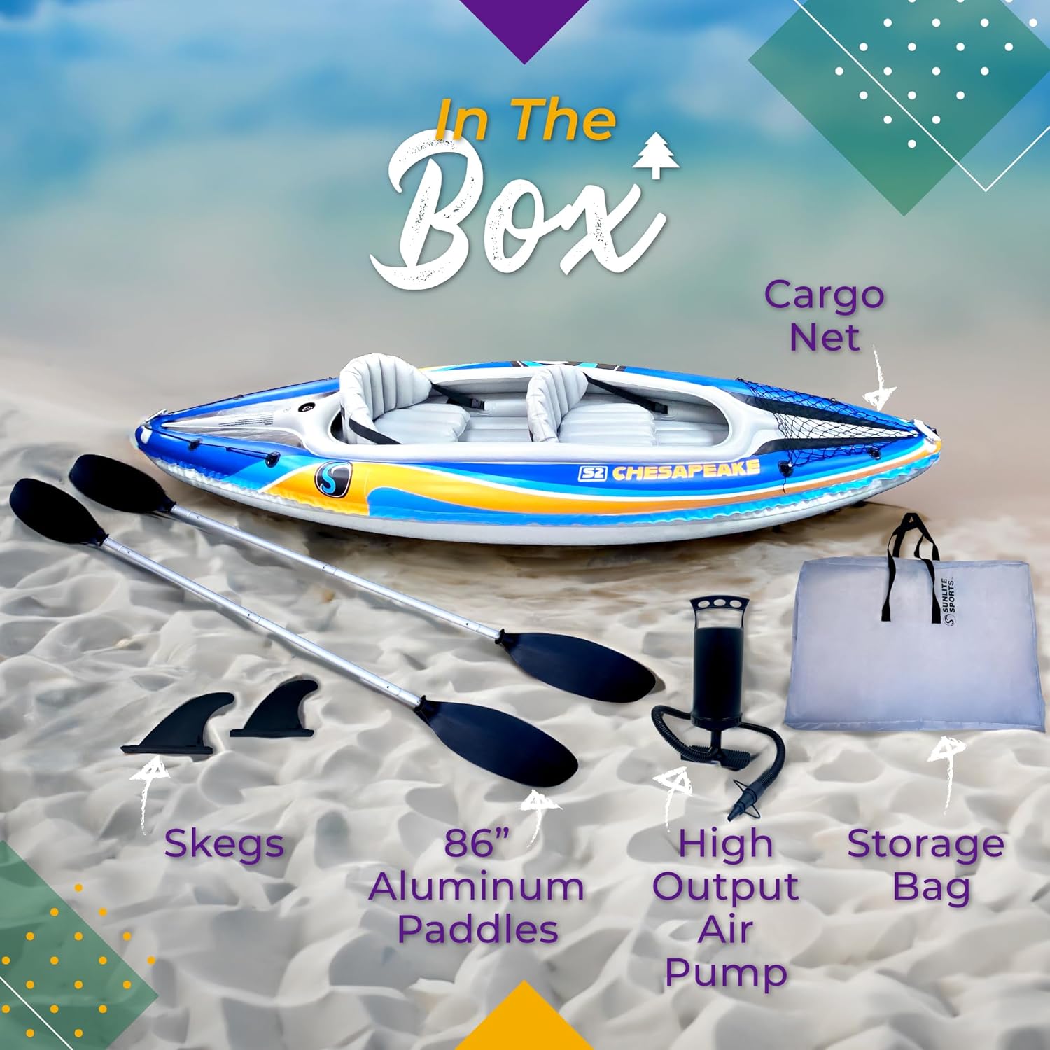 Sunlite Sports 2-Person Inflatable Kayak with Aluminum Oars (136" x 33"), High Output Air Pump and Storage Bag, Double Tandem Kayak for Adults, Two Person Canoe and Kayack, S2 Chesapeake