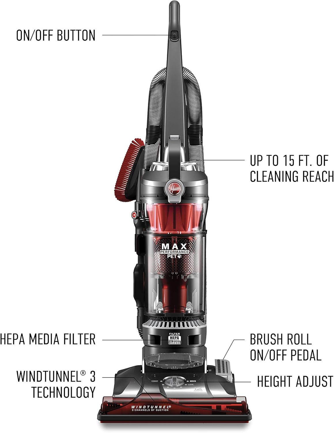 Hoover WindTunnel 3 Max Performance Pet, Bagless Upright Vacuum Cleaner, HEPA Media Filtration, For Carpet and Hard Floor, UH72625, Red