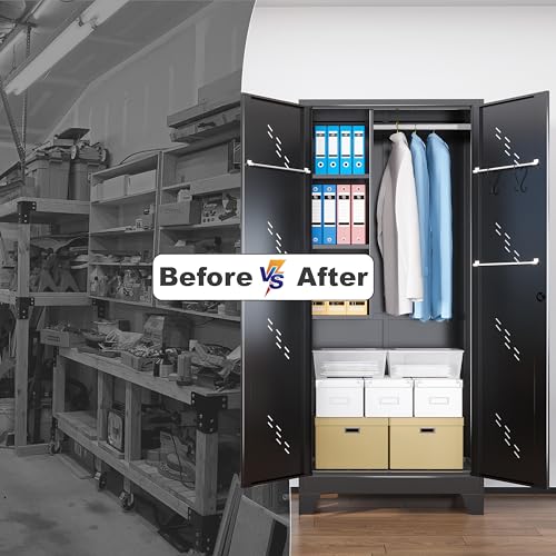 Metal Storage Cabinet with Lockable Doors, 75" Steel Storage Locker Tool Cabinet with Hanging Rod & S-Hooks, Tall Garage Cabinets, Black, 75" H x 33.85" W x 16.53" D