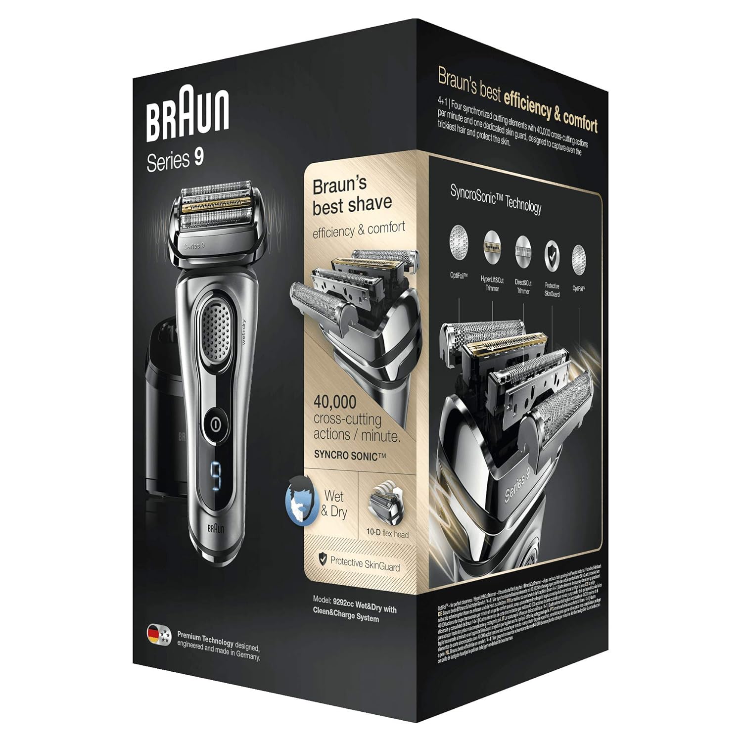 Braun Series 9 Electric Shaver for Men 9292cc, Wet and Dry, Integrated Precision Trimmer, Rechargeable and Cordless Razor with Clean & Charge Station and Travel Case, Silver