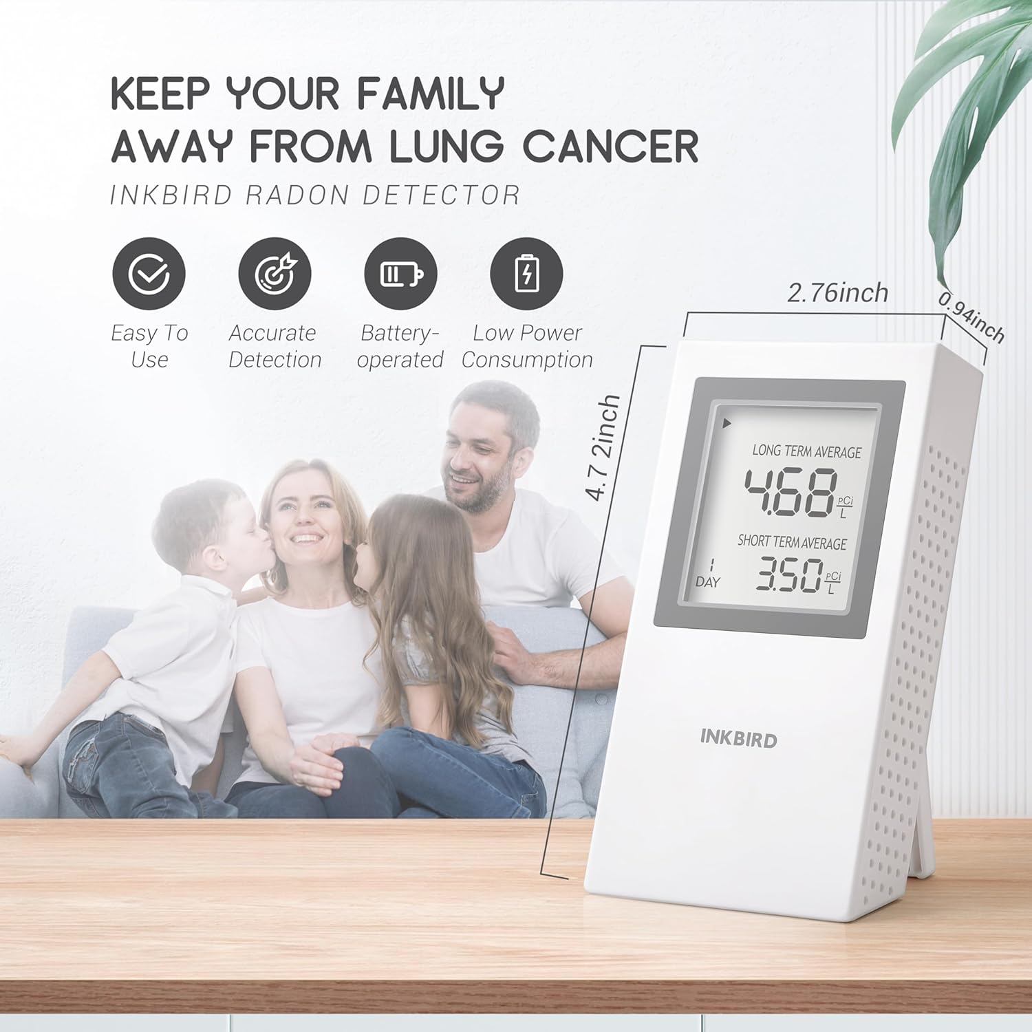 INKBIRD Home Radon Detector, Portable Radon Meter Battery Operated, US Version-Pci/L (White)