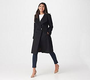 Dennis Basso Wool Blend Wrap Coat withEnvelope Collar, Size Reg 12, Black