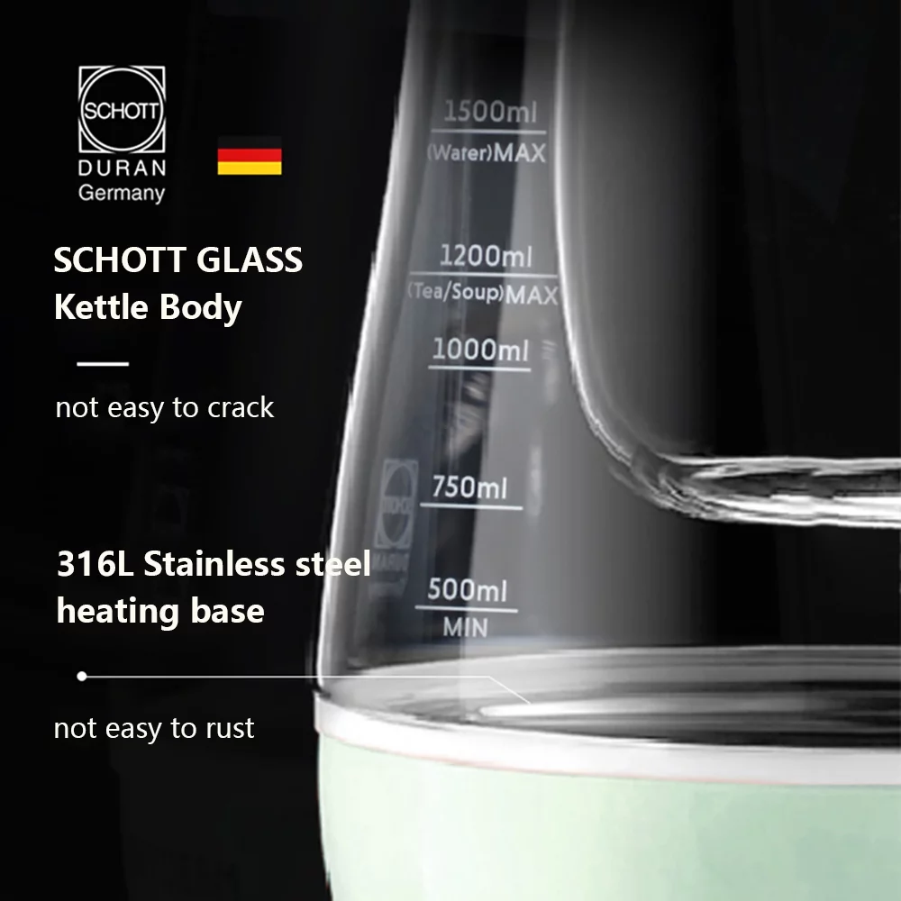 BUYDEEM Health Pot K2763 Lite, Glass Electric Kettle for Tea & Coffee, Water Boiler with Stew Pot, Temperature Control, Green, 1.5L