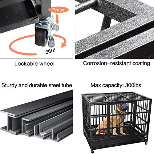 LEMBERI 48/38 inch Heavy Duty Indestructible Dog Crate, Escape Proof Dogs Cage Kennel with Lockable Wheels,High Anxiety Double Door Kennel,Extra Large Crate Indoor for Large Dog with Removable Tray