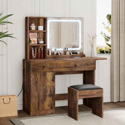 IDEALHOUSE Vanity Desk with Mirror and Lights, Large Storage Space with 2 Drawers and Adjustable Shelves Storage Makeup Vanity, 3 Lighting Modes Adjustable Brightness, Bedroom Vanity Table, White