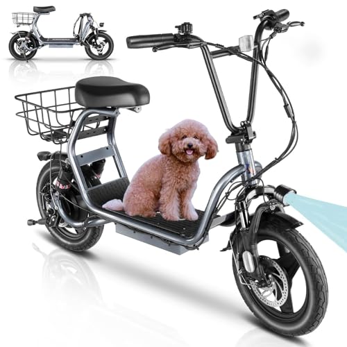 Caroma Peak 500W/800W/1200W Electric Scooter with Seat, Max 15/20/30Miles Range&20MPH, 14" Tires Foldable Adult Electric Scooter with Basket for Pets & Cargo, Dual Shock Absorbing Ebike for Commuting