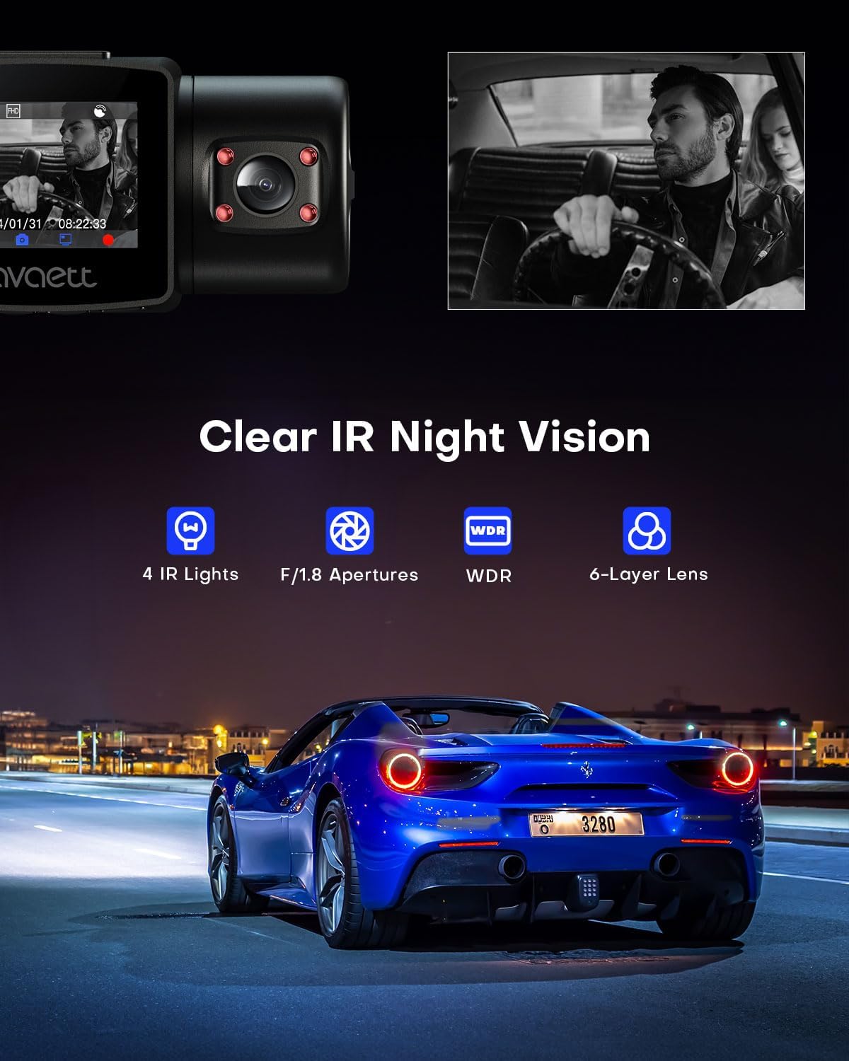Dual 2.5K Dash Cam Front and Inside, Built in WiFi GPS, Dashcams for Cars with Infrared Night Vision, Smart Dash Camera Supercapacitor Accident Record Parking Mode Avaett D60