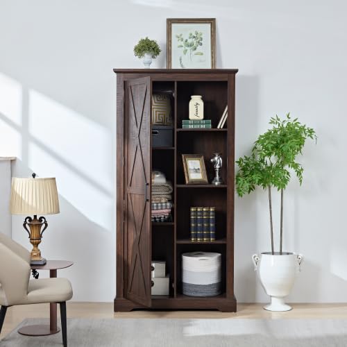 Tall Storage Cabinet Barn Door Storage Country Wood Rustic Farmhouse Pantry Cupboard Sliding Door Kitchen Organizer Furniture Home Drawer Shelves L39.37''*W15.75''*H74.4'' (Espresso)