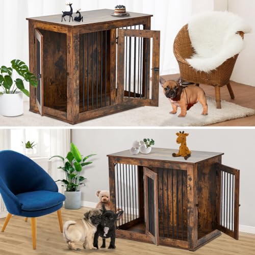 Furniture Style Dog Crate for 2 Rooms,Wooden Double Dog Crates Kennel with Divider,Indoor Dog House Furniture with Double Rooms
