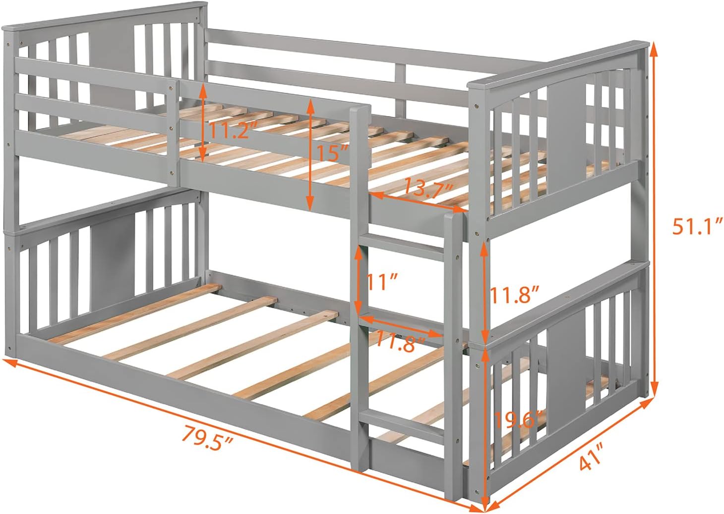 Twin Bunk Beds Low Bunk Bed Frame Wood Twin over Twin Bunkbed for Kids Toddlers Boys Girls Bedroom, Gray