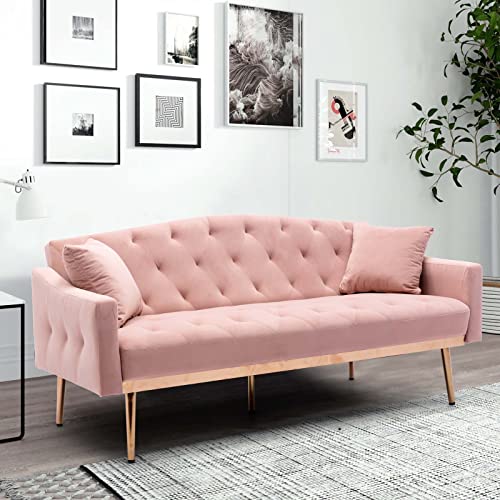 TMEOSK 65" Velvet Convertible Futon Sofa Bed with 2 Pillows, Modern Couch Loveseat Sofa, Folding Accent Sofa Sleeper Recliner for Home Living Room Bedroom (Navy)