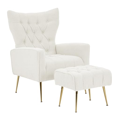 Accent Chair with Ottoman, Upholstered Tufted Boucle High Wingback Armchair with Gold Metal Legs, Club Chair with Ottoman, Reading Sofa Chair for Living Room Bedroom Office, White