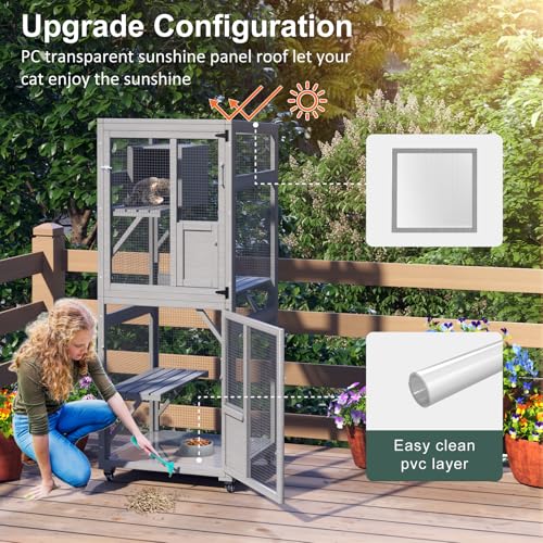 Catio Outdoor Cat Enclosure, Large Cat House for Mulitiple Cats Walk in Cat Cage with Waterproof Cover and Sunshine Panel Roof, Feral Cat Shelter with 7 Platforms and 2 Resting Box, 72 inch