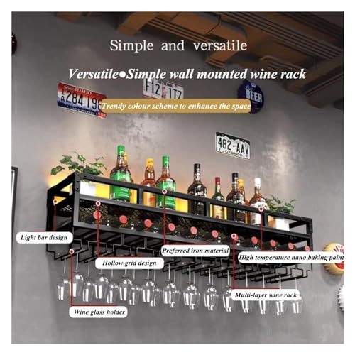 Bar Unit Floating Shelves, 2-Layer Industrial Style Wall Mounted Wine Rack Inverted Wine Glass Rack with LED Light for Home Bar Dining Room Decor All-Round Anti-Fall Guardrail