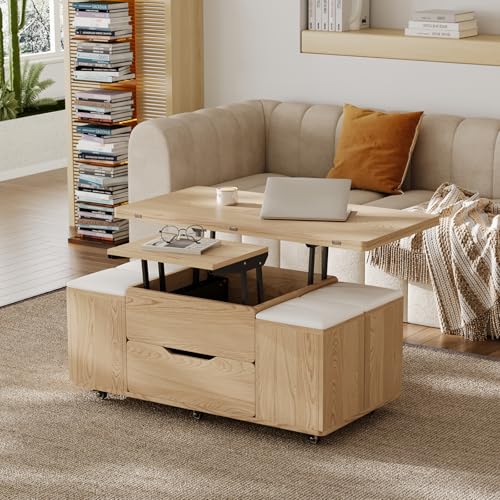 homary Black Lift-Top Coffee Table with Hidden Storage, 3-in-1 Modern Folding Center Table with 4 Stools, Casters, and Lockable Wheels – Convertible Dining & Office Table for Living Room