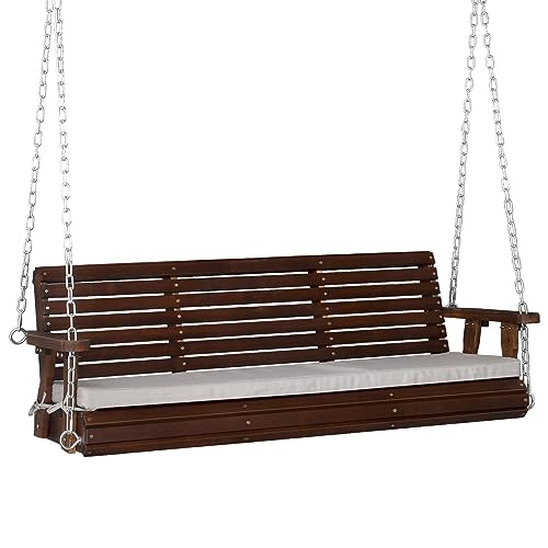 VINGLI Heavy Duty 880 LBS Patio Wooden Porch Swing Outdoor with Extra Cushion, Farmhouse Hanging Bench Tree Swing with Adjustable Chains for Yard | Garden | Lawn | Balcony (5 FT, Rustic)