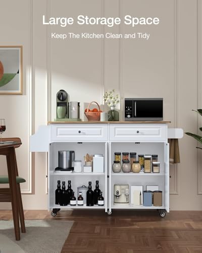 Kitchen Island with Drop Leaf and Storage, on Wheels Two Drawers, Large Storage Cabinet, Towel Rack Spice Cart Brown