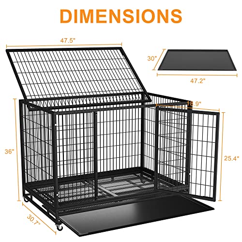 54/48/42/38 inch Heavy Duty Indestructible and Escape-Proof Dog Crate Cage Kennel for Large Dogs, High Anxiety Dog Crate with Removable Wire Trays and Wheels, Extra Large XL XXL