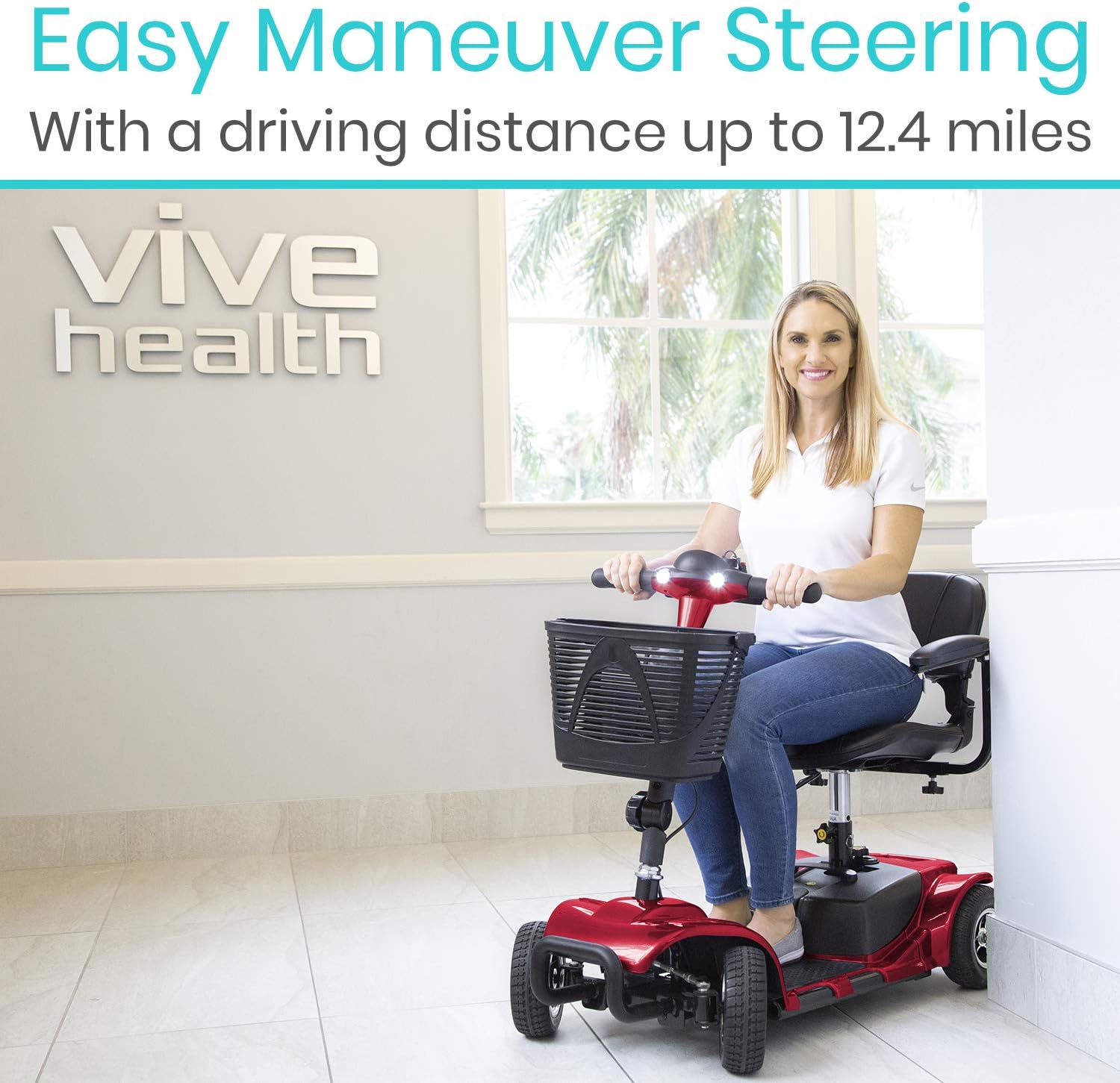 Vive 4 Wheel Mobility Scooter - Electric Powered Wheelchair Device - Compact Heavy Duty Mobile for Travel, Adults, Elderly - Long Range Power Extended Battery with Charger and Basket Included