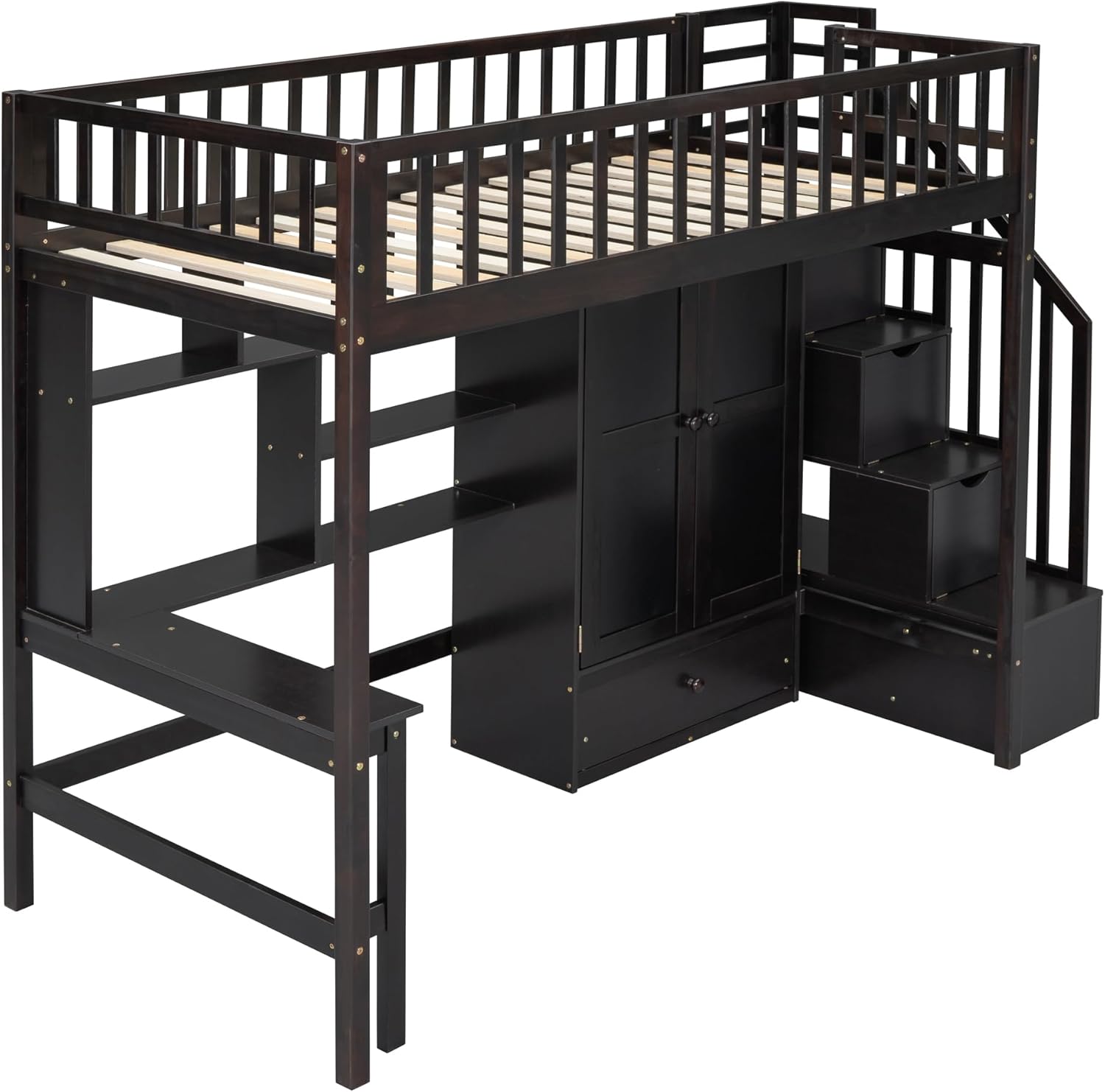 Harper & Bright Designs Twin Size Loft Bed with Stairs, Desk, Bookshelf, Drawers and Wardrobe, Solid Wood Loft Bed Frame with Storage, for Kids Teens Adults, Espresso, HJH-LT100668AAP