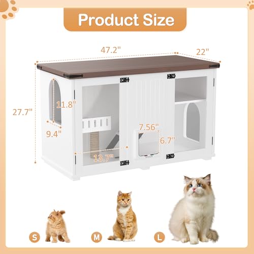 47.25 Inch Multi-Functional Hidden Cat Litter Box Enclosure with Smart Door & LED Light, Modern Cat House with Scratching Post & Stairs, Can be Used as Side Table/TV Stand - White
