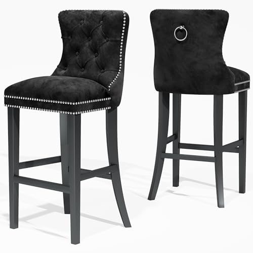 Recaceik Velvet Counter Height Bar Stools Set of 2, Upholstered Tufted Bar Stools with Back, 27" Kitchen Counter Stool for Island, High Back Kitchen Island Chairs for Home Bar, Dining Room(Blue)