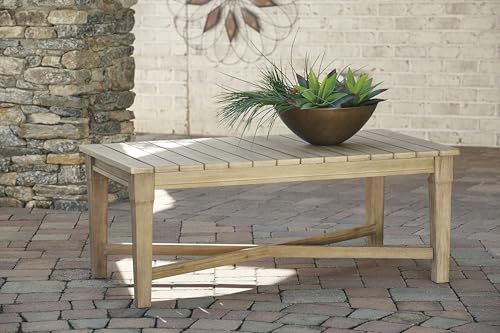 Signature Design by Ashley Carter Hall Outdoor Eucalyptus Patio Sofa with Cushion, Beige