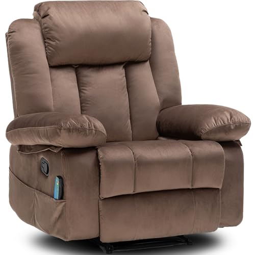 Rocker Recliner Chairs for Adults with Massage & Heat,360°Swivel Glider Nursery Manual Overstuffed Reclining Chair for Living Room,Upholstered Fabric 120°Rocking Chair Bedroom RV Brown