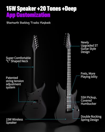 Enya Electric Guitar Inspire 39" Smart Electric Carbon Fiber Guitarra with 15W Wireless Speaker, 20 Distinct Tones, Onboard Presets, Charging Cable, Adjusting Wrench, and Gig Bag